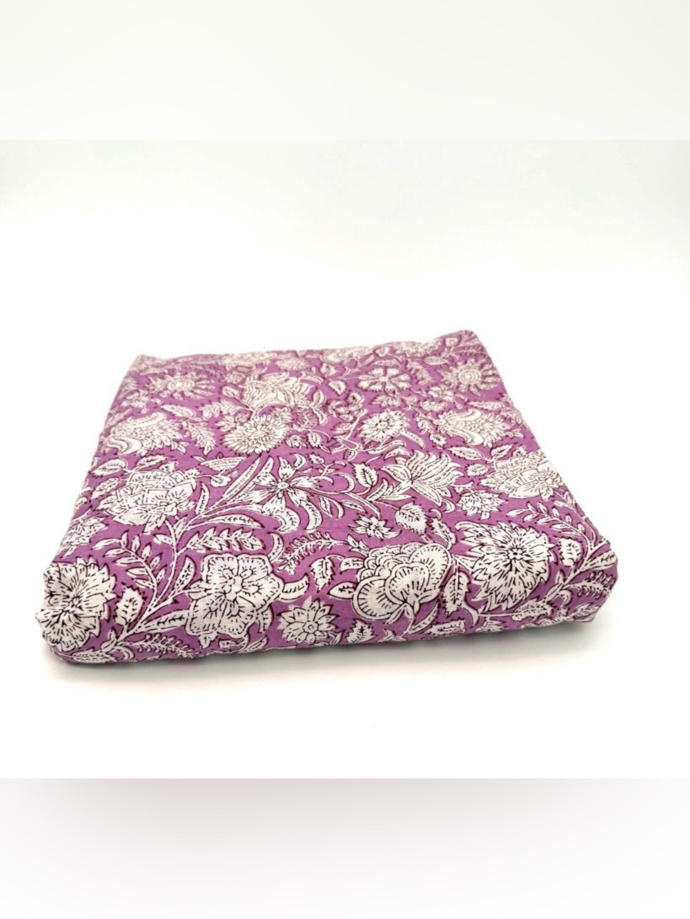 Floral Indian Hand Blocked Cotton Cambric Fabric in Purple & White. By the yard